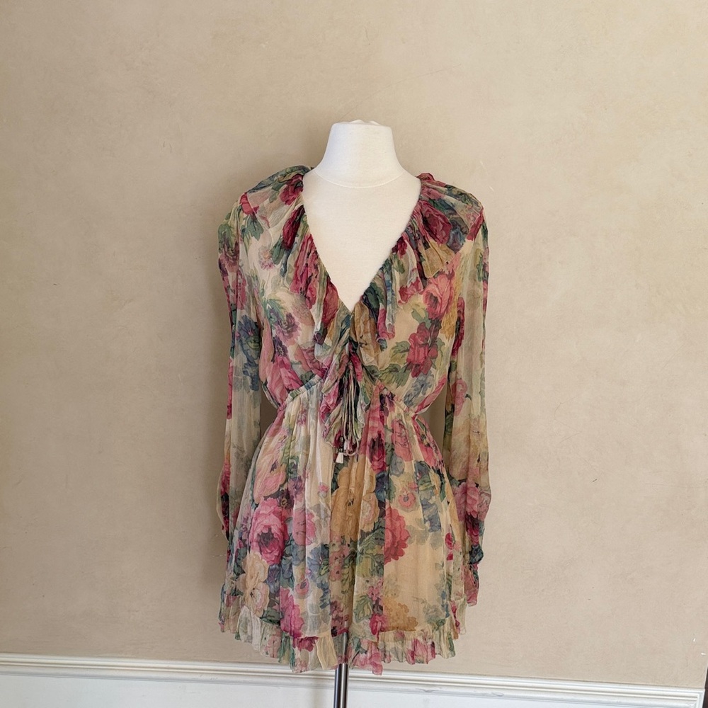 Zimmermann Floral Sheer Tie-Front romper - Pink, Green, Cream